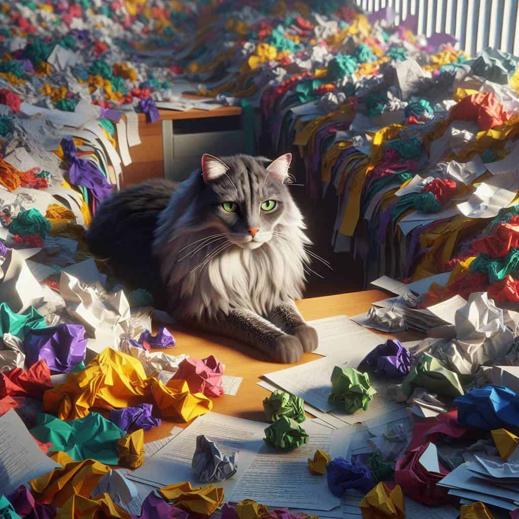 Creative paper crafts with unimpressed cat.
