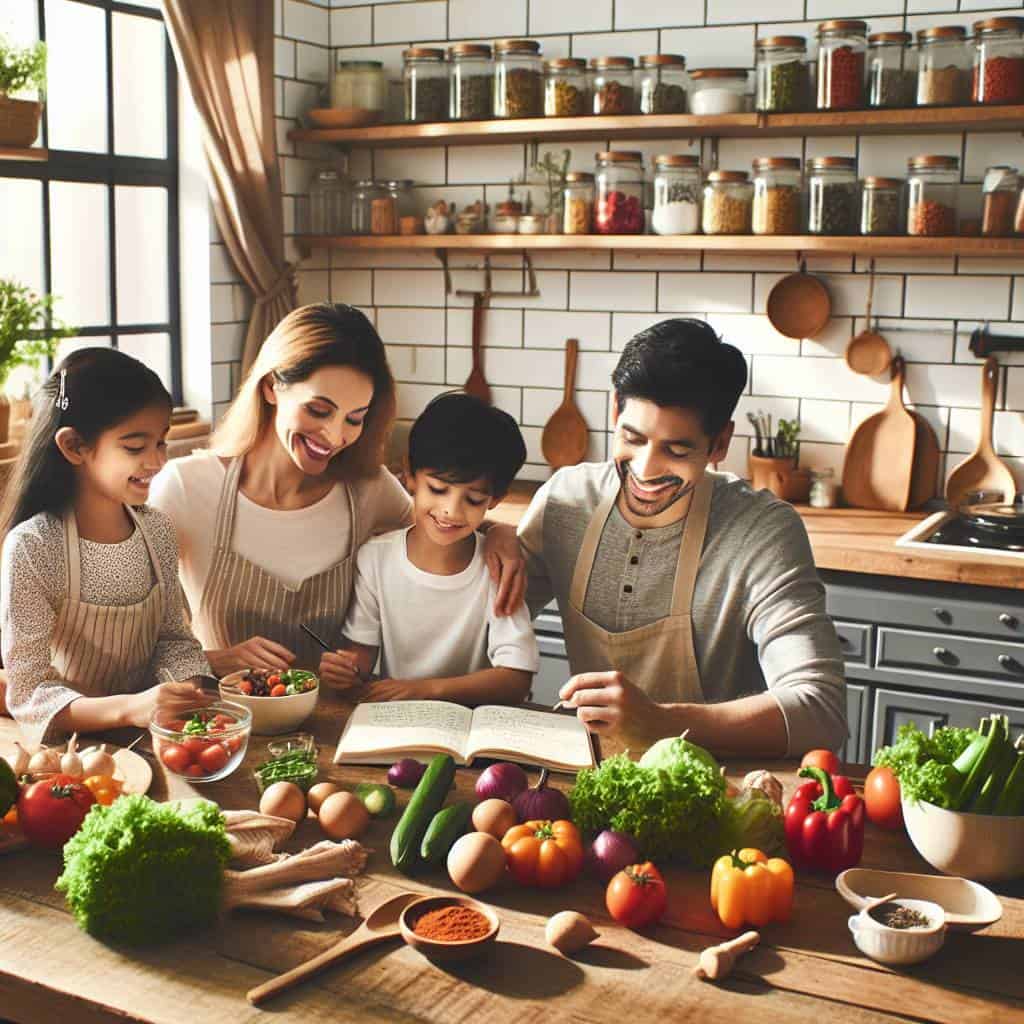 Meal planning for families in kitchen.