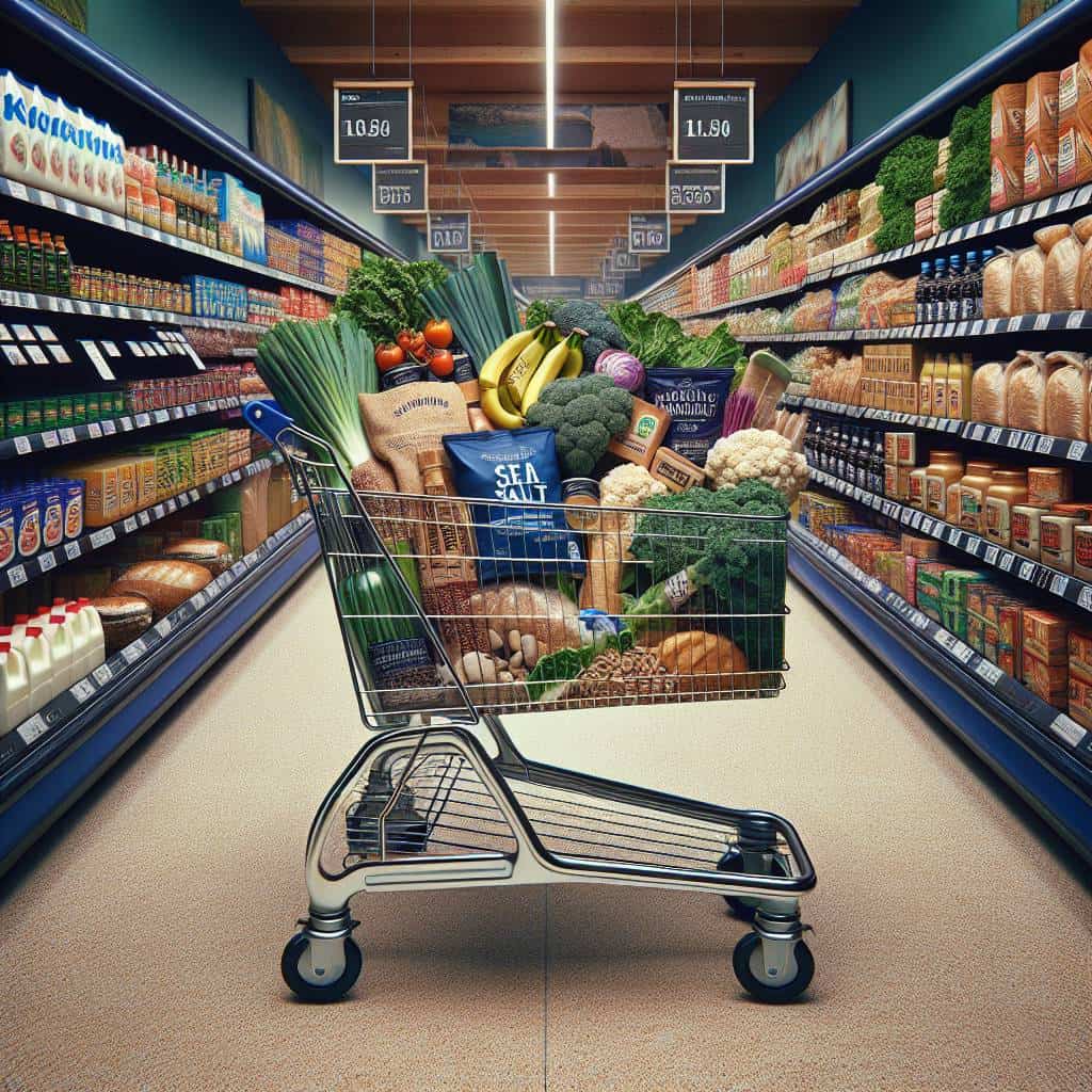 Mindful grocery shopping cart in supermarket.