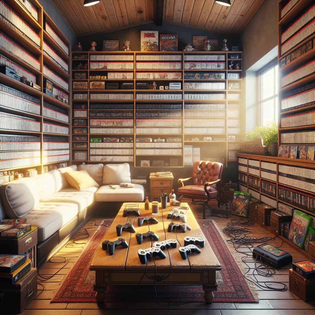 Master the Art of Organizing Video Game Collections Like a Pro 2 Organizing video game collections in living room.